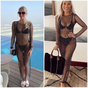 Like Champagne Nights, Pearl Rhinestone Dress, Maxi Cover-Up SZ XL